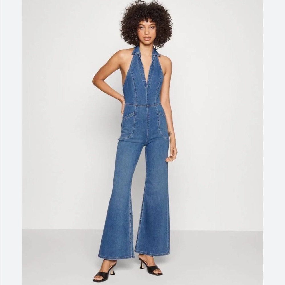 Free People Blue Denim Halter Jumpsuit